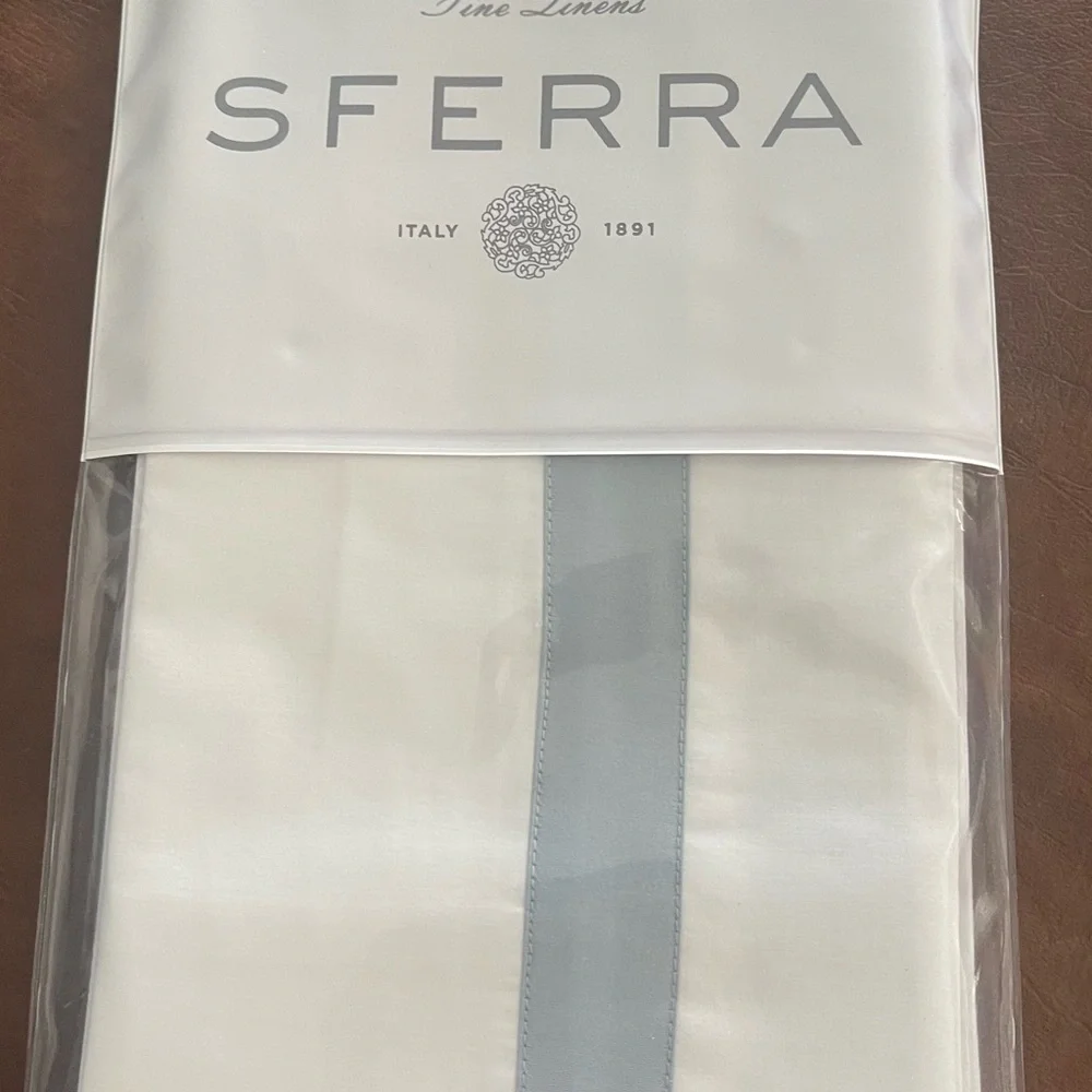 SFERRA Estate Euro King sham White Pillow Cover with Pale Blue Trim